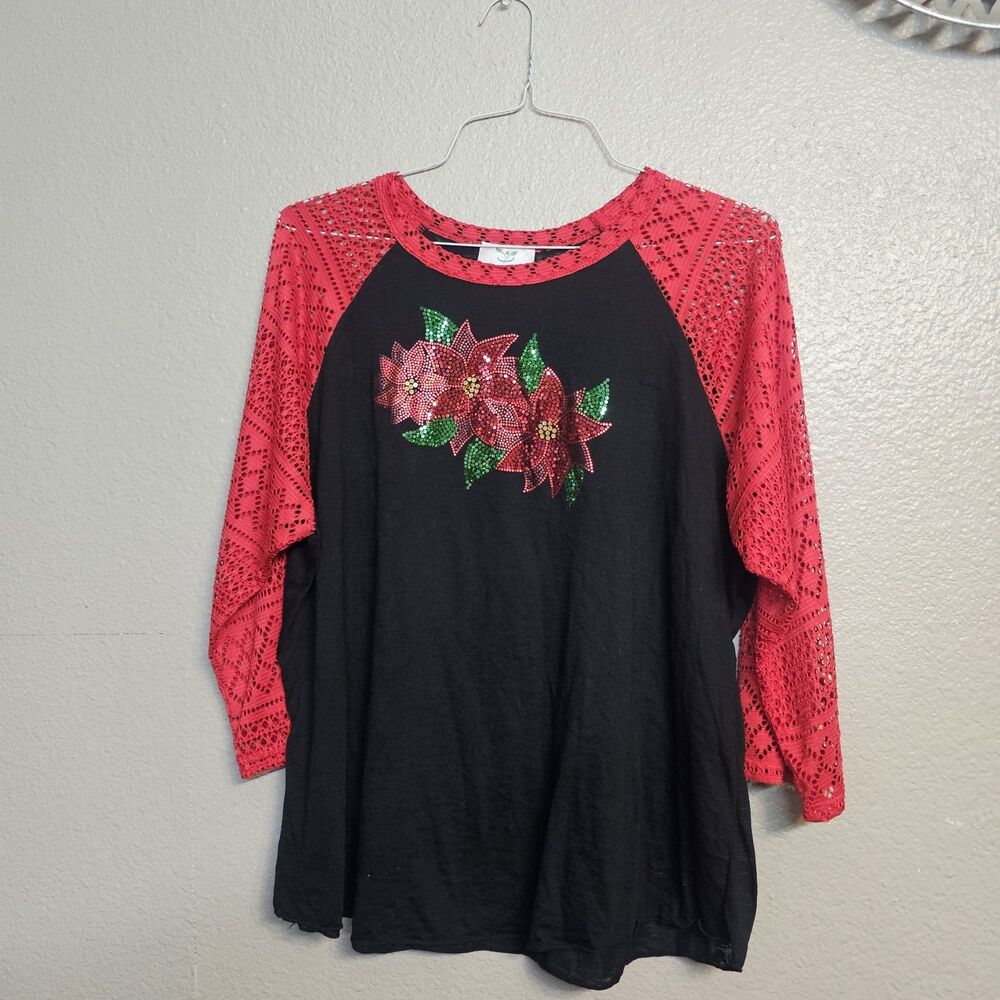 L&B Life Christmas Poinsettia Rhinestone Black Red Lace Sleeve Top Festive O783